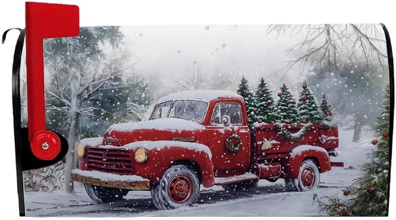 VBXNT Winter Christmas Red Truck Theme Mailbox Cover, Magnetic Waterproof Mailbox Wrap 18x21 Inch Standard Size, Snow Oxford Cloth Mailbox Decoration for Christmas, Thanksgiving, Winter Outdoor Garden (MC9) - Image 1